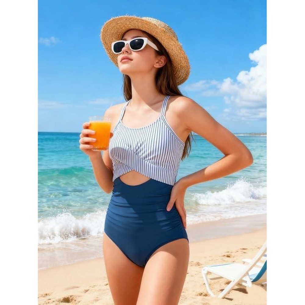 Girls Blue White Striped Ruched One Piece Swimsuit Size 17-18Y